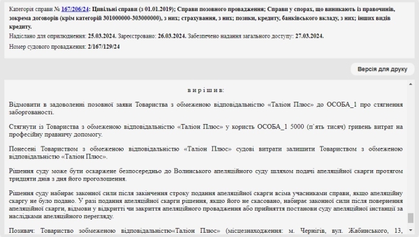 Справа № 167/206/24: Відмовити в задоволенні позовної заяви ТОВ «Таліон Плюс»